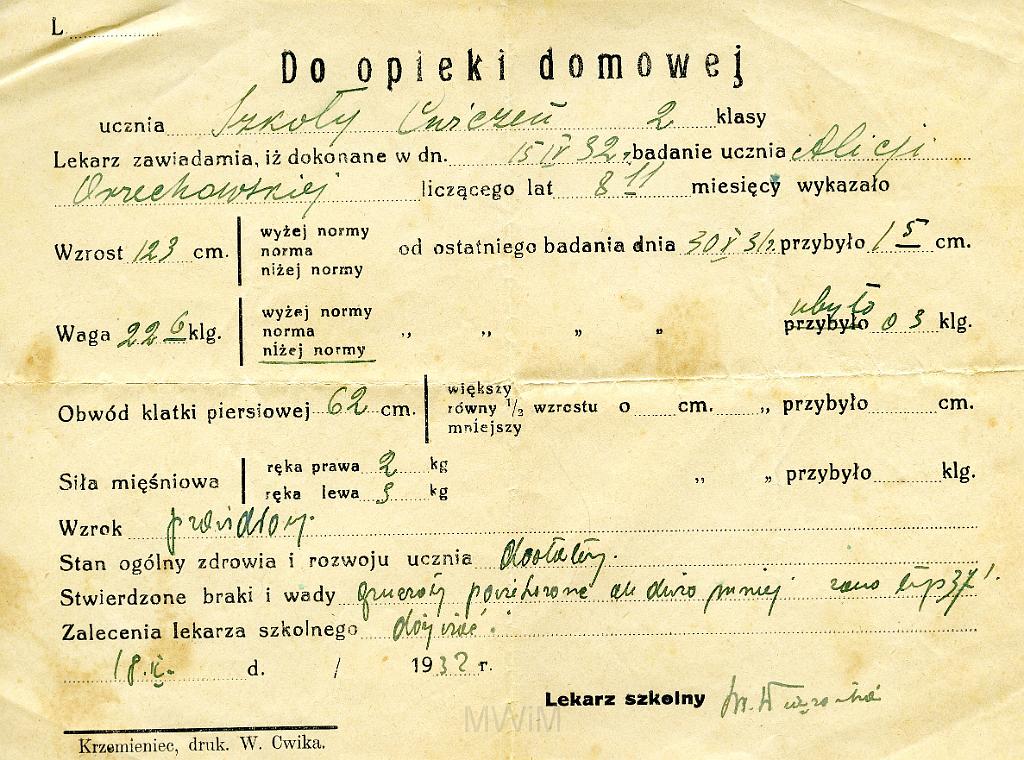 KKE 096.jpg - Karta zdrowia Alicji Orzechowskiej, 08.X.1932 r.